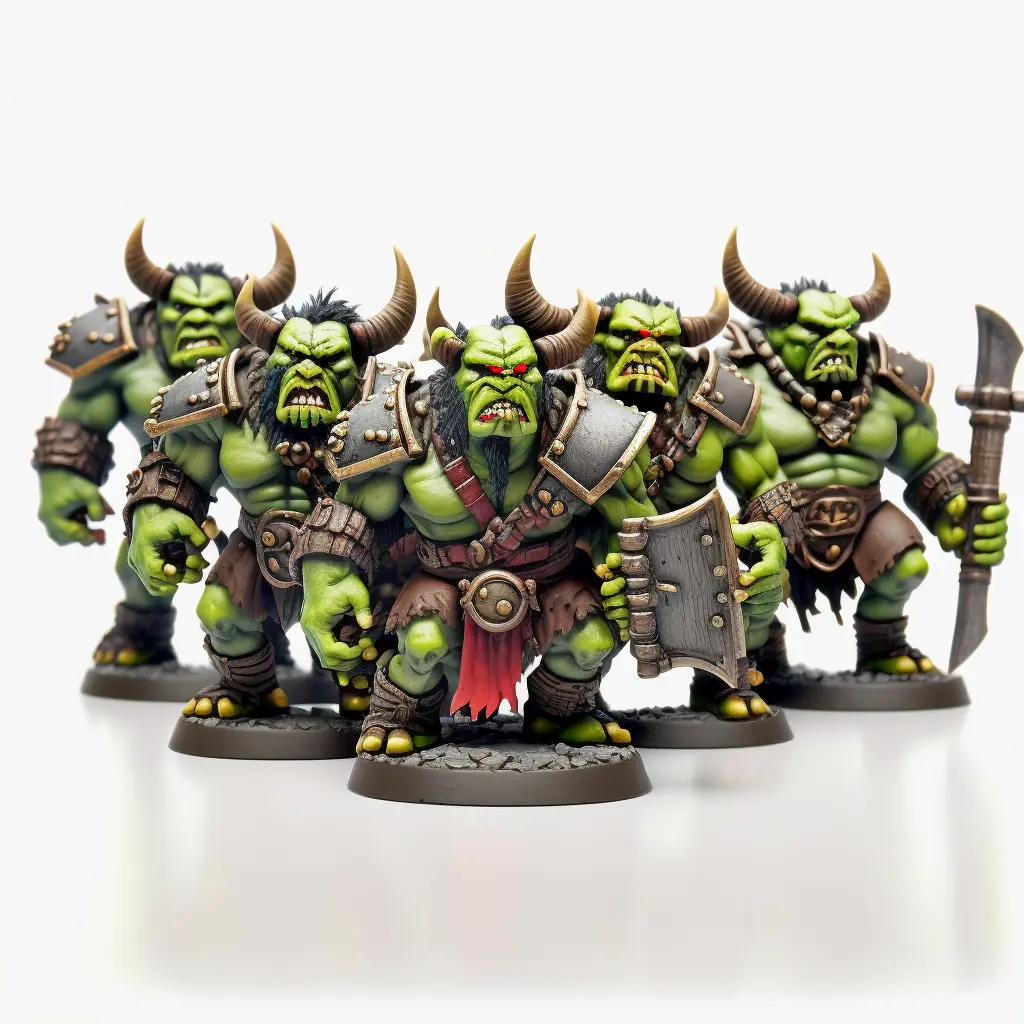 warhammer miniature of a row of Orc fighters, hand painted, plastic, detailed, white background, studio lighting, product photography